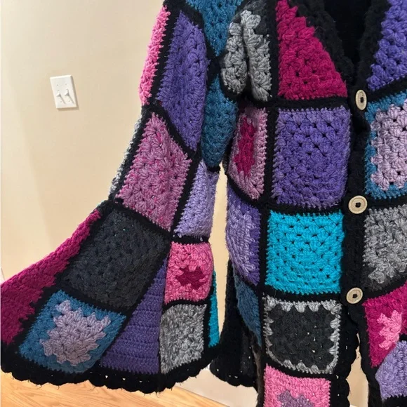 Handmade Granny Square Bell Sleeve Cardigan Vibrant Pink Purple & Blue Size L XL - Picture 4 of 8